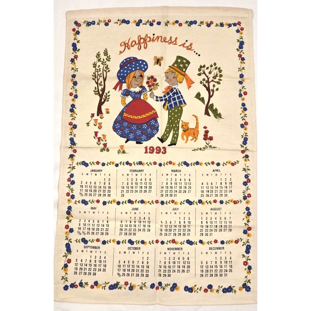 Vintage 1993 Folk Art Linen Calendar Tea Towel "Happiness Is" 16X25 IN Beige